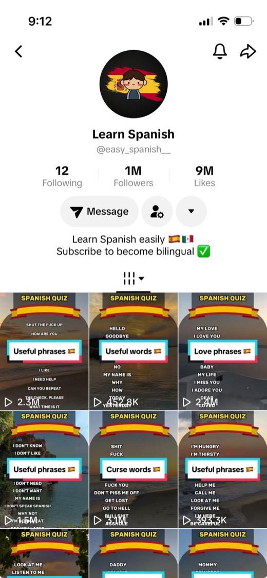 Learn Spanish — real TikTok profile screenshot